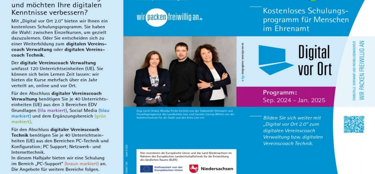 Flyer mit einer Übersicht der Schulungsangebote des Projekts „Digital vor Ort 2.0”
